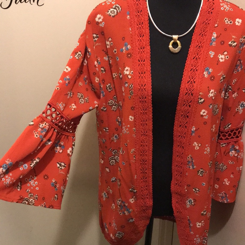 E) NOBO Floral Rust Colored Open-Front 
One-Piece Cardigan - Picture 2 of 11